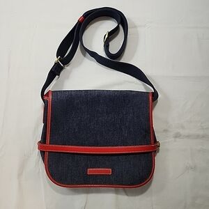 Vtg Dooney & Bourke Cabriolet Crossbody Blue Canvas Messenger Bag Flap Vachetta